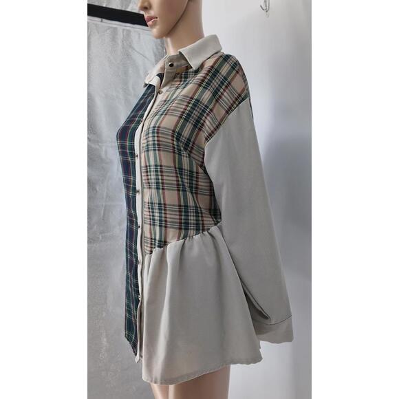 Plaid Button-Down Shirt Dress Small Mixed Pattern Cotton Blend Casual - Picture 2 of 3